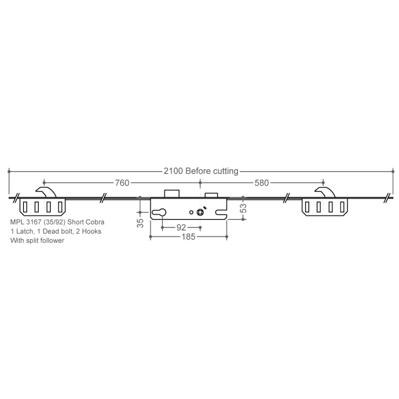 Winkhaus Cobra 2 Hook 35mm Backset Short Multi Point Door Lock - Split ...